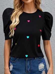 SHEIN LUNE Puff Sleeve Heart Top - Multicolor - View 1