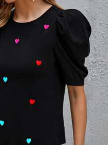 SHEIN LUNE Puff Sleeve Heart Top - Multicolor - View 4