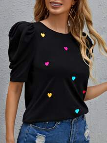 SHEIN LUNE Puff Sleeve Heart Top - Multicolor - View 5