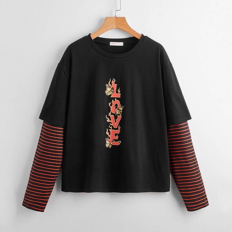 

2 In 1 Striped Sleeve Letter Butterfly Graphic Tee, Multicolor