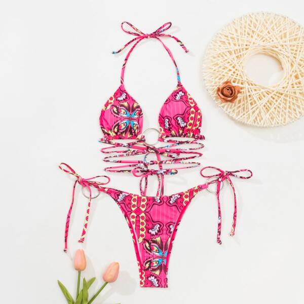 

Allover Graphic Ring Linked Triangle Bikini Swimsuit, Hot pink