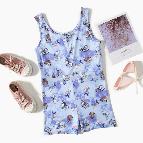

Girls Butterfly Print Tank Romper, Violet purple