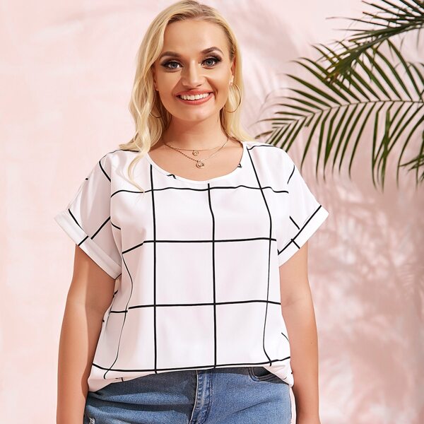 

Plus Plaid Round Neck Blouse, White
