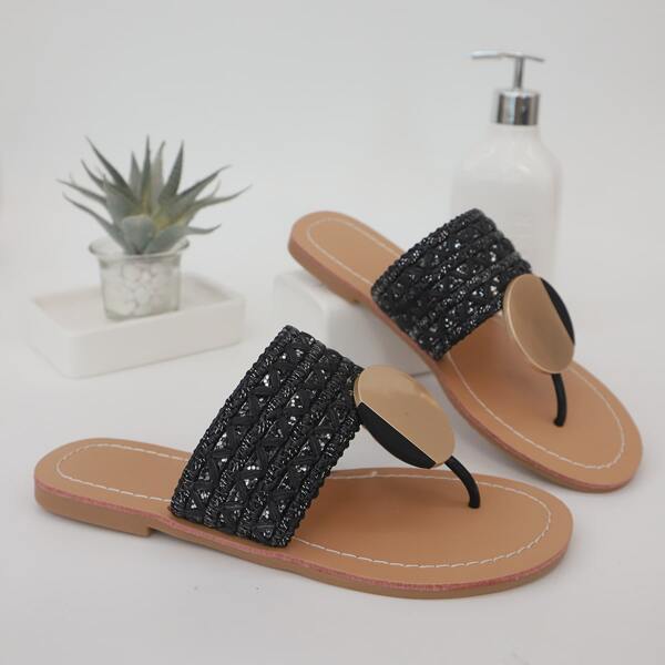 

Metal Decor Straw Design Thong Sandals, Black