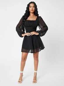 SHEIN PETITE Đầm cắt Dây kéo Nếp gấp Phần Ngực màu trơn Boho - màu đen - Xem 1