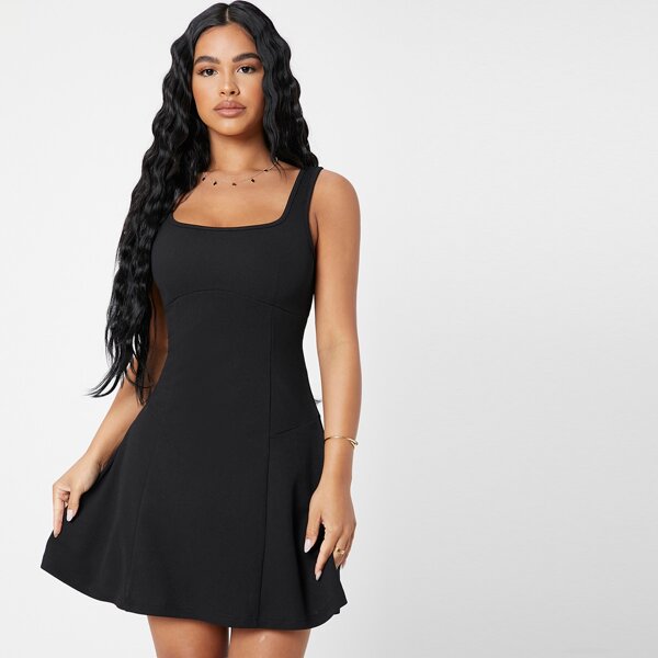 

Solid Flare Hem Dress, Black
