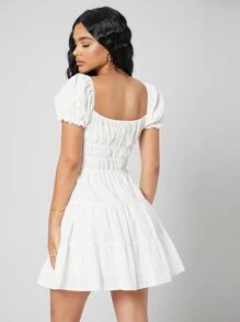 SHEIN PETITE Puff Sleeve Tie Front Ruffle Hem Dress - White - View 2