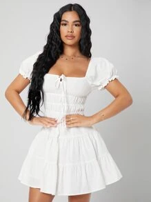 SHEIN PETITE Puff Sleeve Tie Front Ruffle Hem Dress - White - View 3