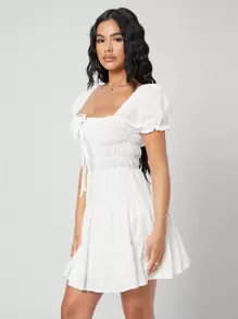 SHEIN PETITE Puff Sleeve Tie Front Ruffle Hem Dress - White - View 5