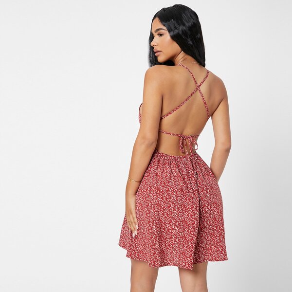 

Tie Backless Allover Plants Cami Dress, Red and white