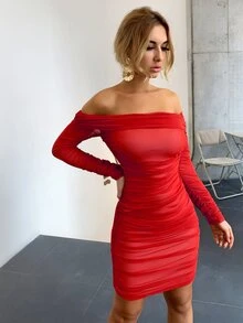 Joyfunear Đầm Xù Dây kéo màu trơn Hấp dẫn - Đỏ - Xem 3