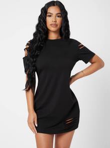 SHEIN PETITE Đầm Bị tách màu trơn Giải trí - màu đen - Xem 1