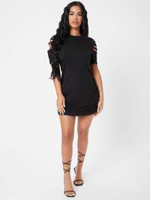 SHEIN PETITE Đầm Bị tách màu trơn Giải trí - màu đen - Xem 3