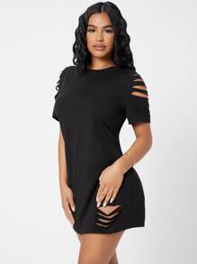 SHEIN PETITE Đầm Bị tách màu trơn Giải trí - màu đen - Xem 4