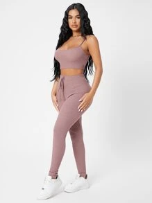 SHEIN PETITE Waffle Knit Cami Top And Leggings Set - Dusty Pink - View 1