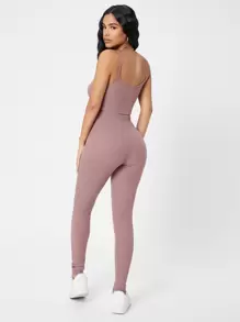 SHEIN PETITE Waffle Knit Cami Top And Leggings Set - Dusty Pink - View 2