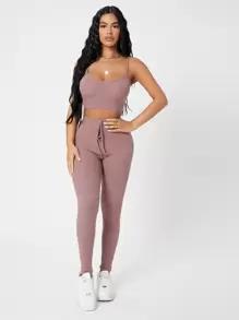 SHEIN PETITE Waffle Knit Cami Top And Leggings Set - Dusty Pink - View 3