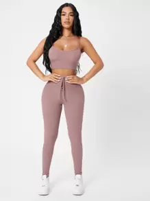 SHEIN PETITE Waffle Knit Cami Top And Leggings Set - Dusty Pink - View 4