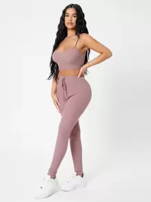 SHEIN PETITE Waffle Knit Cami Top And Leggings Set - Dusty Pink - View 6