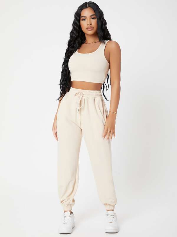 SHEIN PETITE Ensemble Top unicolore sans manches court et Pantalon de jogging
