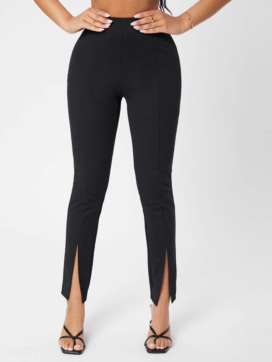 SHEIN PETITE Seam Front Split Hem Trousers - Black - View 1
