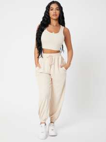 SHEIN PETITE 素色短背心和慢跑褲套裝 - 米色 - 查看 3