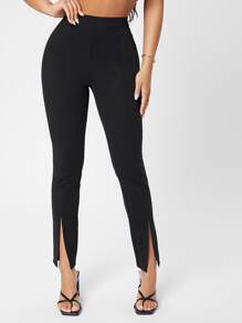 SHEIN PETITE Seam Front Split Hem Trousers - Black - View 4