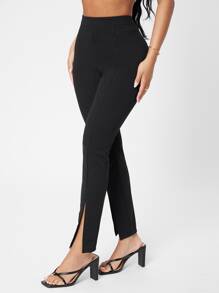SHEIN PETITE Seam Front Split Hem Trousers - Black - View 5
