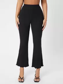 SHEIN PETITE Lettuce Trim Rib-knit Flare Leg Pants - Black - View 2