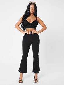 SHEIN PETITE Lettuce Trim Rib-knit Flare Leg Pants - Black - View 3