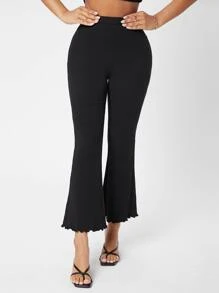 SHEIN PETITE Lettuce Trim Rib-knit Flare Leg Pants - Black - View 4