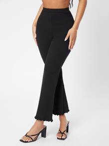 SHEIN PETITE Lettuce Trim Rib-knit Flare Leg Pants - Black - View 5