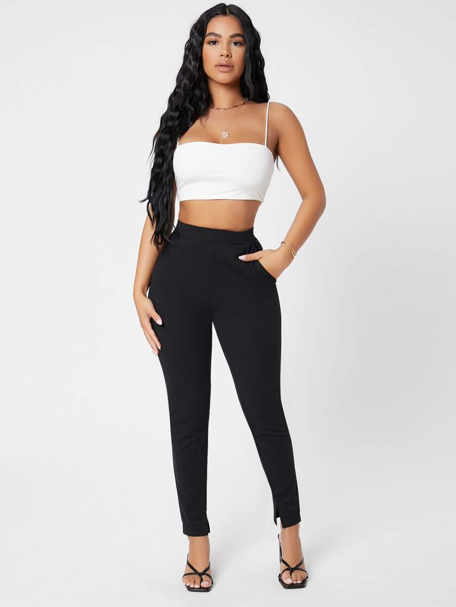 SHEIN PETITE Slant Pocket Skinny Pants - Black - View 1