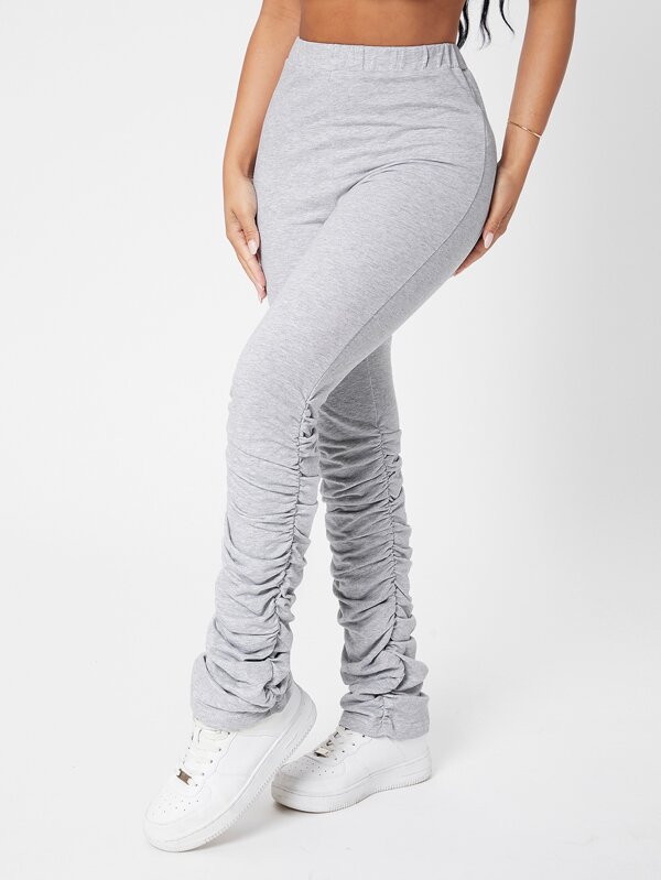 SHEIN PETITE Elastic Waist Solid Ruched Stacked Pants SHEIN USA