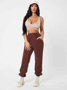 SHEIN PETITE Slant Pocket Joggers - Brown - View 1
