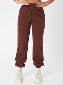 SHEIN PETITE Slant Pocket Joggers - Brown - View 3