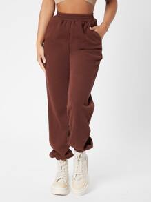 SHEIN PETITE Slant Pocket Joggers - Brown - View 4