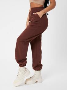 SHEIN PETITE Slant Pocket Joggers - Brown - View 5