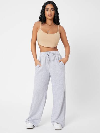 SHEIN PETITE Drawstring Waist Solid Joggers Wide Leg Trousers ,Petite Women