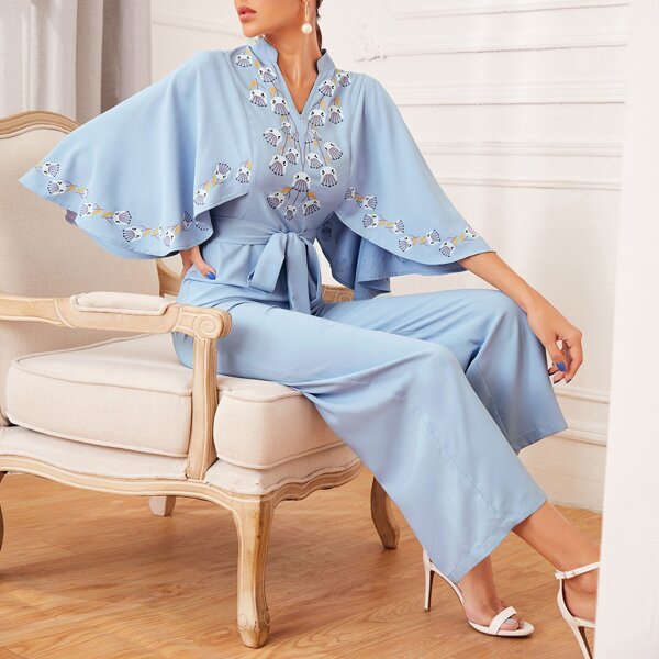 

Floral Print Cloak Sleeve Belted Jumpsuit, Blue