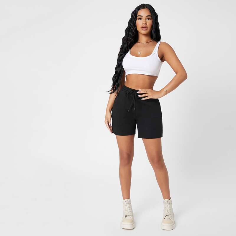 

Drawstring Waist Track Shorts, Black
