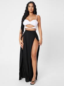 SHEIN PETITE Split Thigh Wrap Skirt - Black - View 3