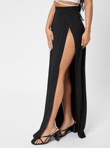 SHEIN PETITE Split Thigh Wrap Skirt - Black - View 5