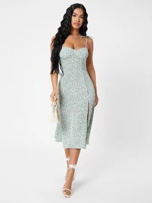 SHEIN PETITE 抽褶後開叉大腿小碎花吊帶連衣裙