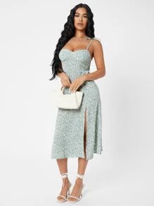 SHEIN PETITE 抽褶後開叉大腿小碎花吊帶連衣裙