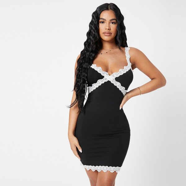 

Contrast Lace Bodycon Cami Dress, Black