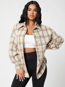 SHEIN PETITE Plaid Drop Shoulder Button Front Blouse In Fall/Winter - Multicolor - View 1
