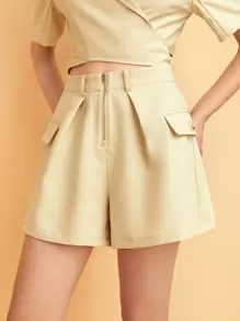 SHEIN Unity Zip Up Flap Detail Shorts - Yellow - View 1