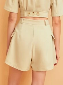 SHEIN Unity Zip Up Flap Detail Shorts - Yellow - View 2