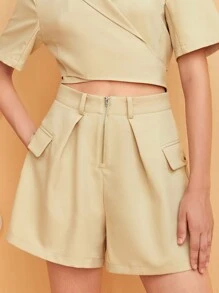 SHEIN Unity Zip Up Flap Detail Shorts - Yellow - View 3